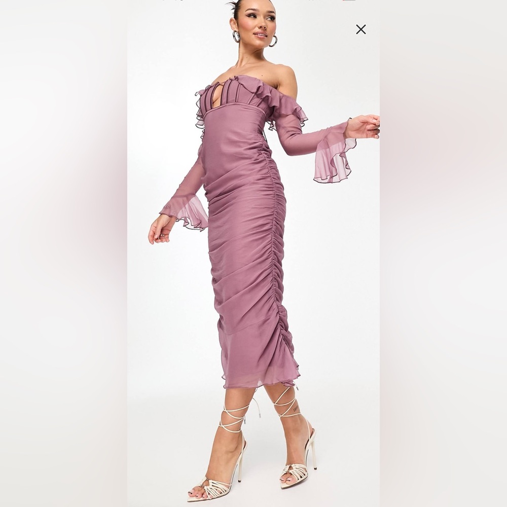 ASOS Design romantic longsleeve off the shoulder dress mauve 6